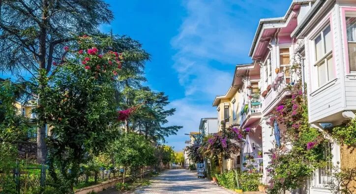 Pastel Ottoman-era mansions on the car-free Princes' Islands near Istanbul